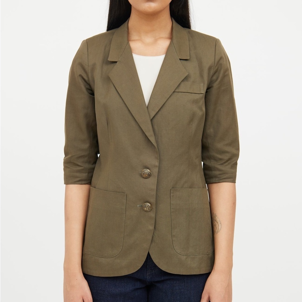 Smythe Short Sleeve Cotton Linen Blazer in Olive Green Women’s Size 2